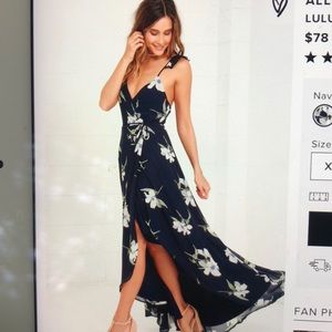 Navy blue floral high low wrap dress